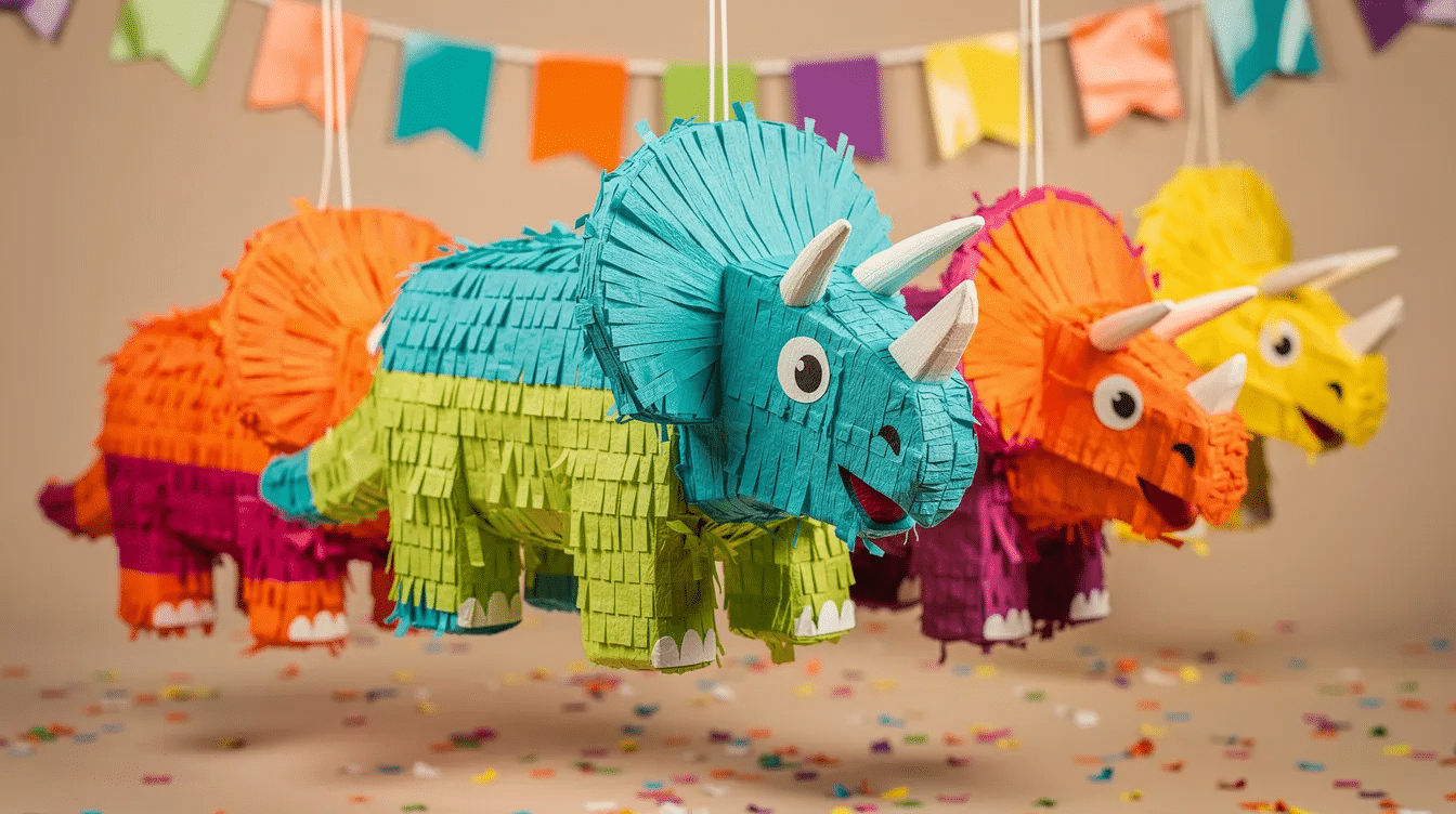 The image features colorful Triceratops piñatas, designed for kids' parties and events, filled with candy and ready for fun games. These dinosaur piñatas are part of a collection that can be easily discovered and added to your cart for delivery.