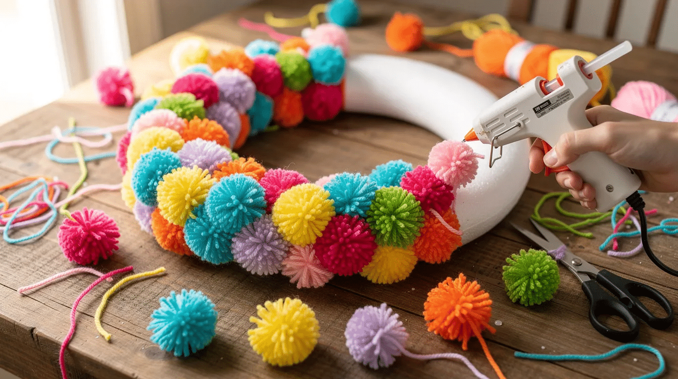 6b0c09d5-1da8-4259-8d8f-01dd9256292e A half-assembled pom pom wreath sits on a table, featuring a foam ring adorned with colorful yarn pom poms being secured with hot glue. Scissors and a big pile of different colors of yarn are nearby, ready for adding more layers to this fun holiday decoration.