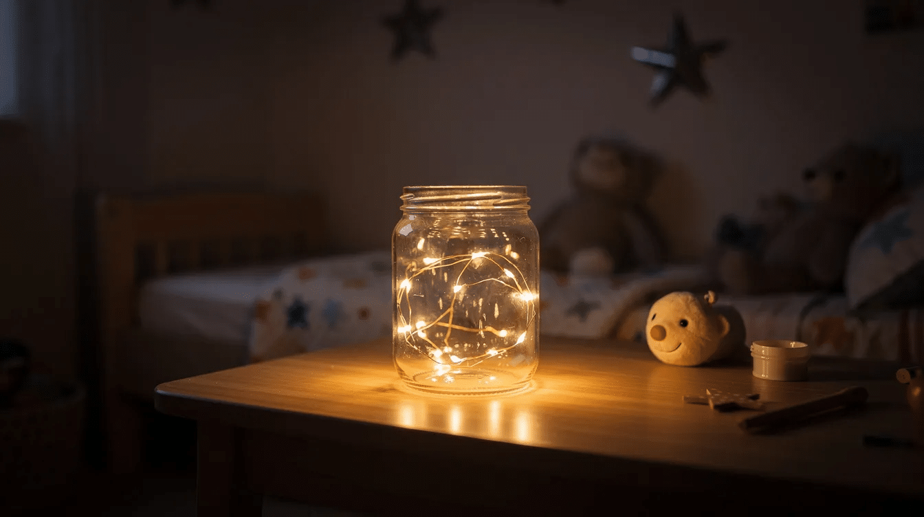 6b373716-8274-405b-becb-b6425ff7d8e2 A softly glowing dream jar filled with fairy lights sits on a bedside table in a dimly lit child's bedroom, creating a warm and inviting atmosphere for positive thoughts and sweet dreams. This enchanting piece serves as a perfect place for kids to discover their imagination and transform worries into inspiration as they prepare for sleep.