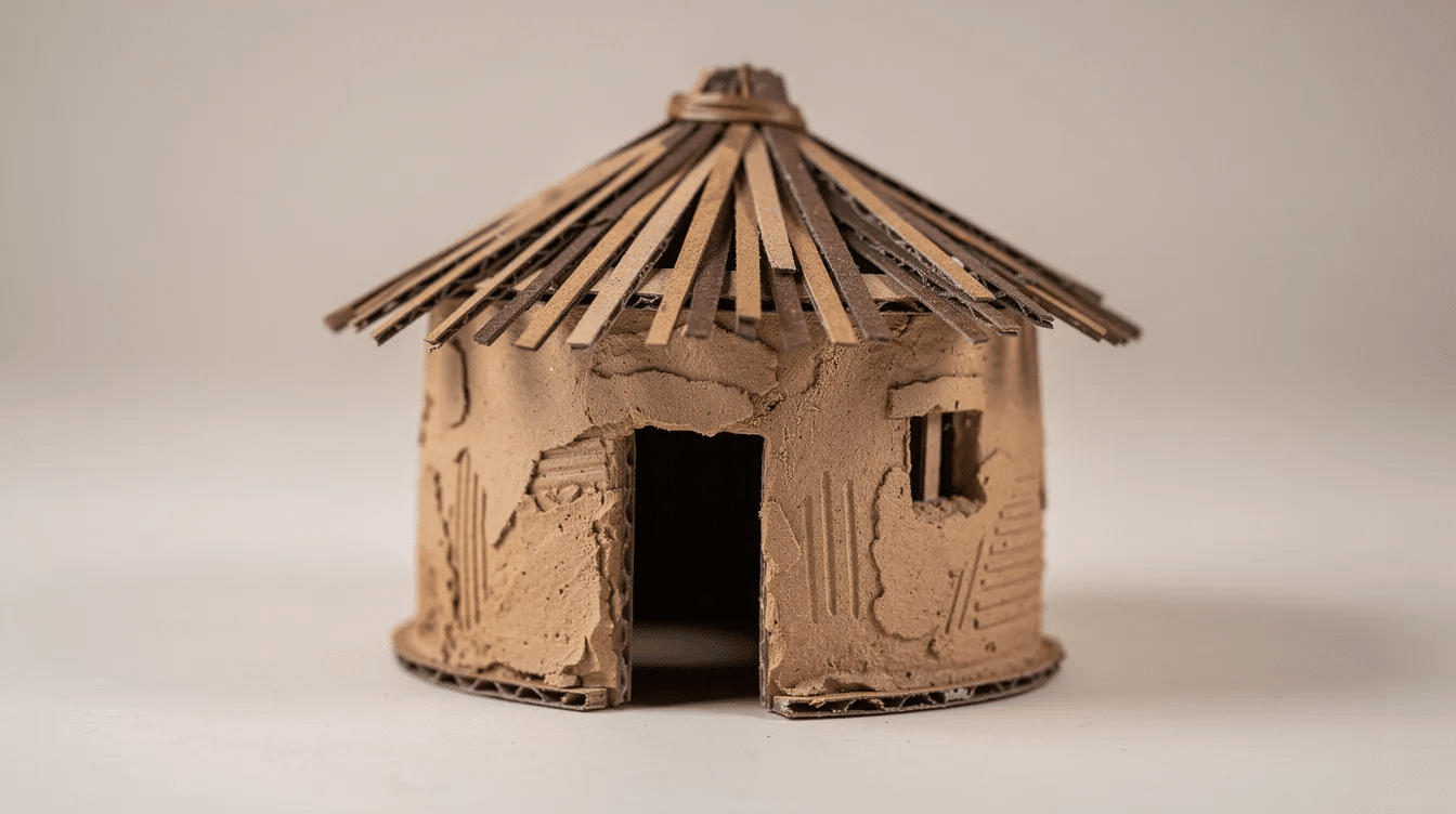 6b592b1d-ac6b-447f-89b6-3992c4621c40 The image features a miniature cardboard model of an African mud hut, showcasing its round shape and mud walls, which are inspired by traditional architecture found across the African continent. The structure includes a thatched roof and a small door, reflecting the use of local materials and the creative ideas that symbolize the homesteads of various African countries.