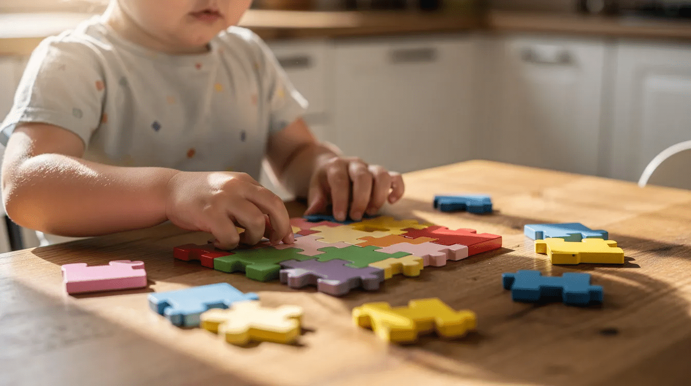 6c7ac944-6d13-41b3-8c33-da52d2bccae2 A child's hands are carefully placing colorful rectangular puzzle pieces together on a kitchen table, creating a vibrant and engaging custom jigsaw puzzle that encourages creativity and family fun. The scene captures a moment of interactive play, perfect for family game nights and meaningful memories.