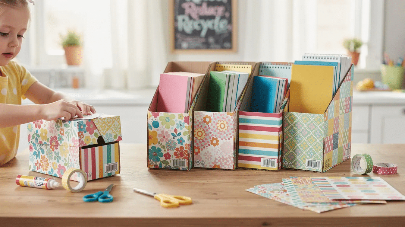 6c8d8d30-7926-4ad9-98f1-c51dd0c96e5d The image features a DIY desk organizer crafted from repurposed cardboard cereal boxes, cut at an angle and covered in colorful scrapbook paper. This creative holder is designed to store notebooks and loose paper, showcasing a fun and eco-friendly way to organize supplies on a desk.