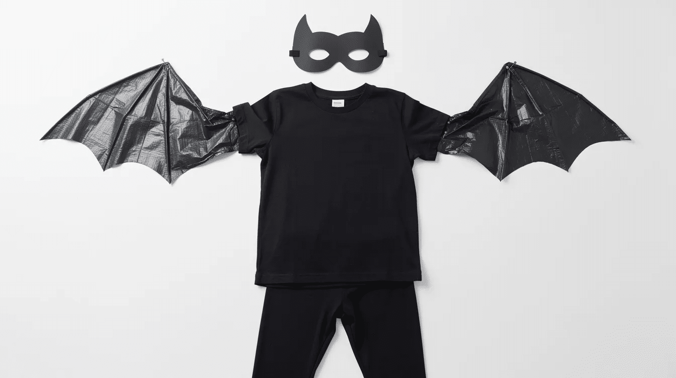 6cc20163-6e38-40f4-8194-6ae09db47442 The image depicts a child wearing an adorable DIY bat costume, complete with bat wings and bat ears made from black fabric, secured to a black headband. The costume features two wing shapes extending from the child's arms and is paired with black leggings, making it a fun and cute Halloween outfit.
