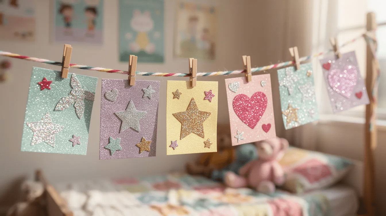 6cd579df-7d39-43a7-a786-afe0b594b2ae A colorful washing line in a child's bedroom displays a string of handmade glitter thank you cards, each one featuring unique messages and vibrant designs. The cards are standard size and add a whimsical touch to the room, making it feel cheerful and inviting.