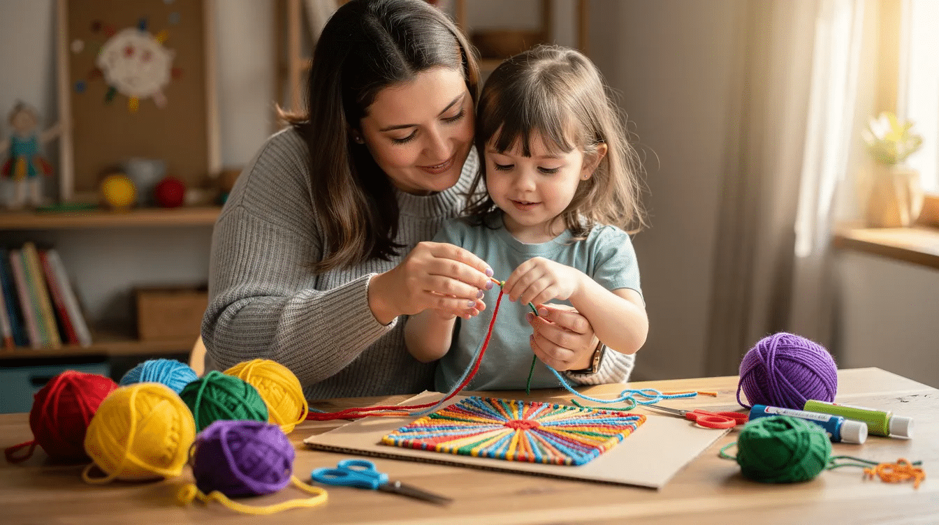 6d94de94-1b3a-4073-b9f1-2348031ec9cd The image shows a parent and a young child joyfully sitting at a table, working together on a vibrant yarn craft project that includes colorful threads and a cross stitch pattern. They are surrounded by tools and materials, creating a warm atmosphere of creativity and collaboration.