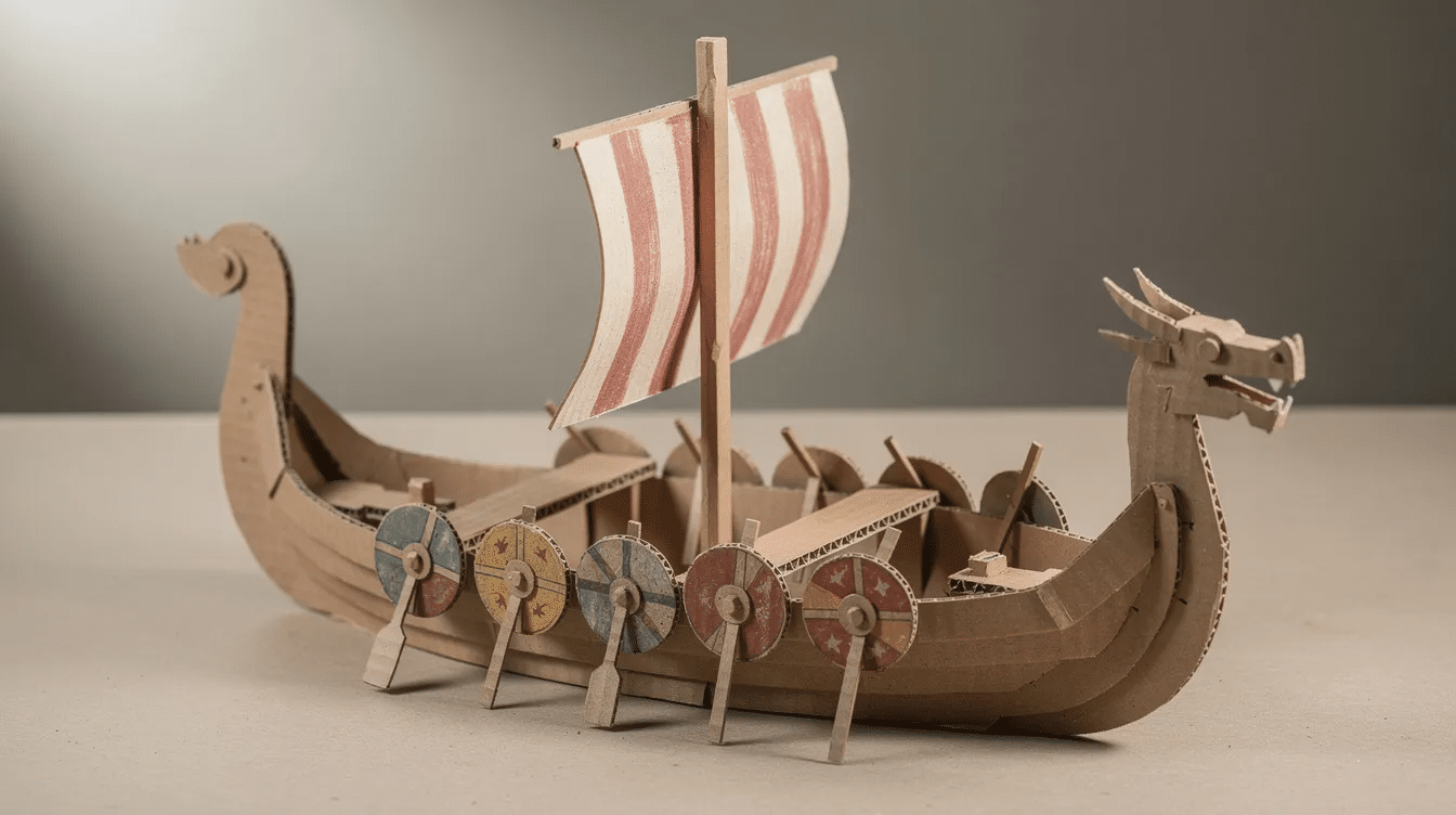 6dc8b570-ee77-4e78-bd80-648729c9ae80 The image features a cardboard viking longship meticulously crafted with brown paper and wooden skewers, showcasing a dragon head at the prow. The ship is adorned with oars and a sail, embodying the adventurous spirit of the Vikings, and is set against a playful backdrop, inviting kids and friends to join in the fun of DIY construction.