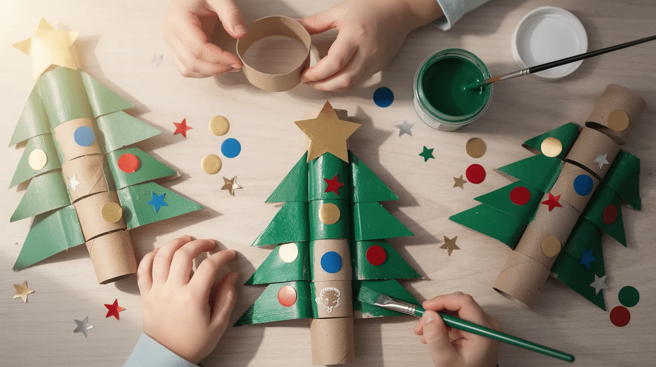 6dd79791-6a93-426f-b484-977d3b802713 The image features a creative DIY project showcasing toilet paper roll Christmas trees, stacked and glued into a tree shape. These colorful crafts, decorated with stickers and paint, represent fun and easy Christmas crafts for kids, perfect for holiday gatherings and family activities.