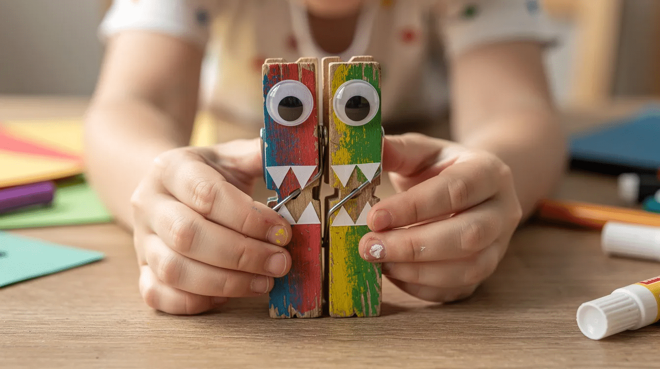 6deed820-9c0c-4ab0-bc1e-ef7ec92c6a2a A child's hands are joyfully squeezing a colorful wooden clothespin monster adorned with googly eyes and playful paper teeth, showcasing a fun and creative craft activity perfect for kids and families. This cute peg monster is a great way to encourage creativity and imaginative play during Halloween or any time of the year.