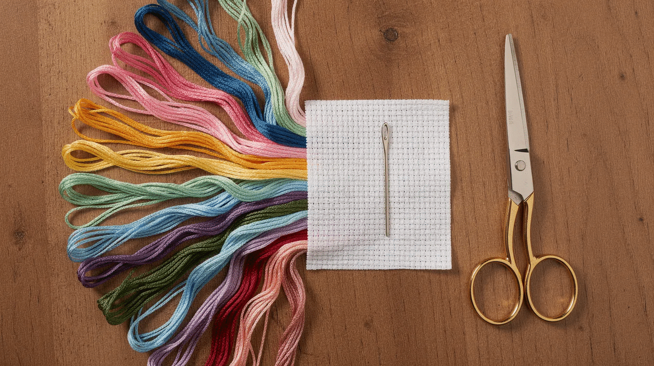 6e2a5e1a-bd50-459e-9008-10920db87a2c A flat lay image features a vibrant assortment of embroidery floss skeins alongside a small piece of white Aida cloth, a tapestry needle, and fabric scissors, all arranged on a wooden table, ready for creating a personalized needlepoint sunglasses case. This setup showcases essential materials for starting a fun needlepoint project, perfect for crafting your own stylish eyeglass case.