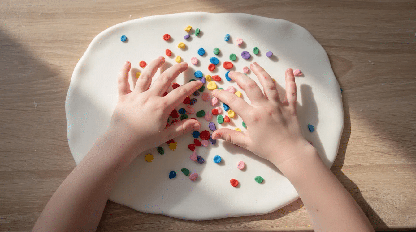 6eb05345-ad21-4bcd-a12e-7fbe30a01b0a An overhead view captures a child's hands joyfully scattering small, colorful clay chips across a flat sheet of white polymer clay on a wooden table, showcasing the creative process of making DIY terrazzo coasters. The vibrant hues of pink, green, and other colors contrast beautifully against the white clay, emphasizing the fun and artistic aspect of this craft project.