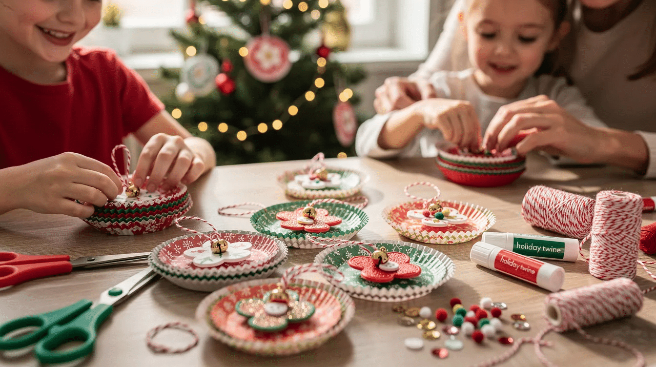 6ef7f82b-dbc1-4259-9d4f-09a71d9e0cbd The image features colorful paper cupcake liner ornaments, creatively layered and adorned with decorative ribbons, ready to be hung on a Christmas tree. These charming DIY crafts are perfect for the holiday season, providing a fun and easy project for kids and families to enjoy together.