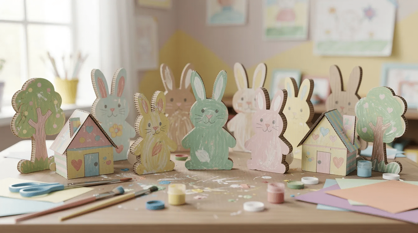 6f1a5214-9b83-4ac6-a537-1c5039298396 This image features an adorable cardboard bunny village crafted by children, showcasing colorful pastel-painted bunnies and Easter decor, perfect for celebrating the Easter season. The charming display includes various bunnies and eggs, making it a fun and creative project for kids that captures the spirit of spring.