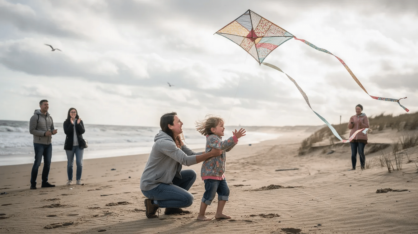 6f254a35-0c2f-4e31-b169-7f1cdb140dd2 A family is enjoying a windy day at the beach as an adult helps a small child launch a homemade fabric diamond kite into the air. The kite, made from durable ripstop nylon and other materials, features a colorful sail and a long tail, ready to fly against the backdrop of the blue sky.