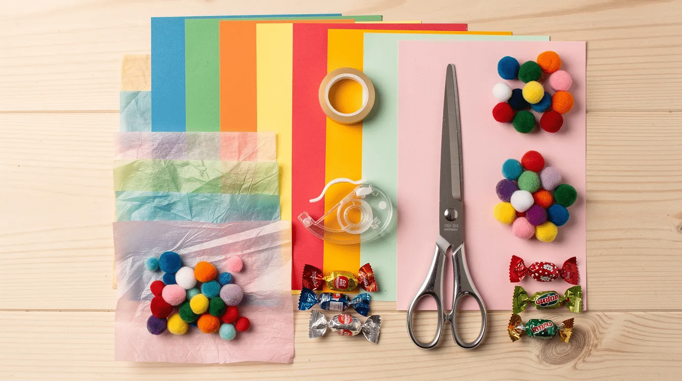 6f99b227-9aa2-4f86-853d-efbc64e05199 The image features a flat-lay arrangement of colorful craft supplies on a wooden table, including cardboard, tissue paper, tape, scissors, pom-poms, and wrapped sweets, perfect for creating fun piñata cupcakes. The vibrant materials suggest a creative project filled with joy and excitement.