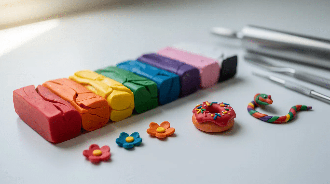 6fa0b20e-6f75-4201-aac6-91d409162e9a The image showcases a collection of vibrant polymer clay jewelry, including a pair of colorful earrings and a charming pendant, all featuring unique shapes and textures. Various tools and materials are also present, suggesting a DIY project for creating personalized clay jewelry pieces.