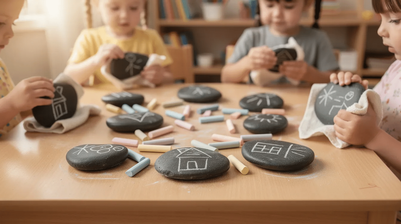 6fa0f5b9-cdfa-462a-b1b8-b568acc41900 A collection of flat stones coated with blackboard paint is displayed, along with a piece of chalk. Children can use these story stones to draw different pictures, create their own stories, and enjoy open-ended play as independent storytellers.