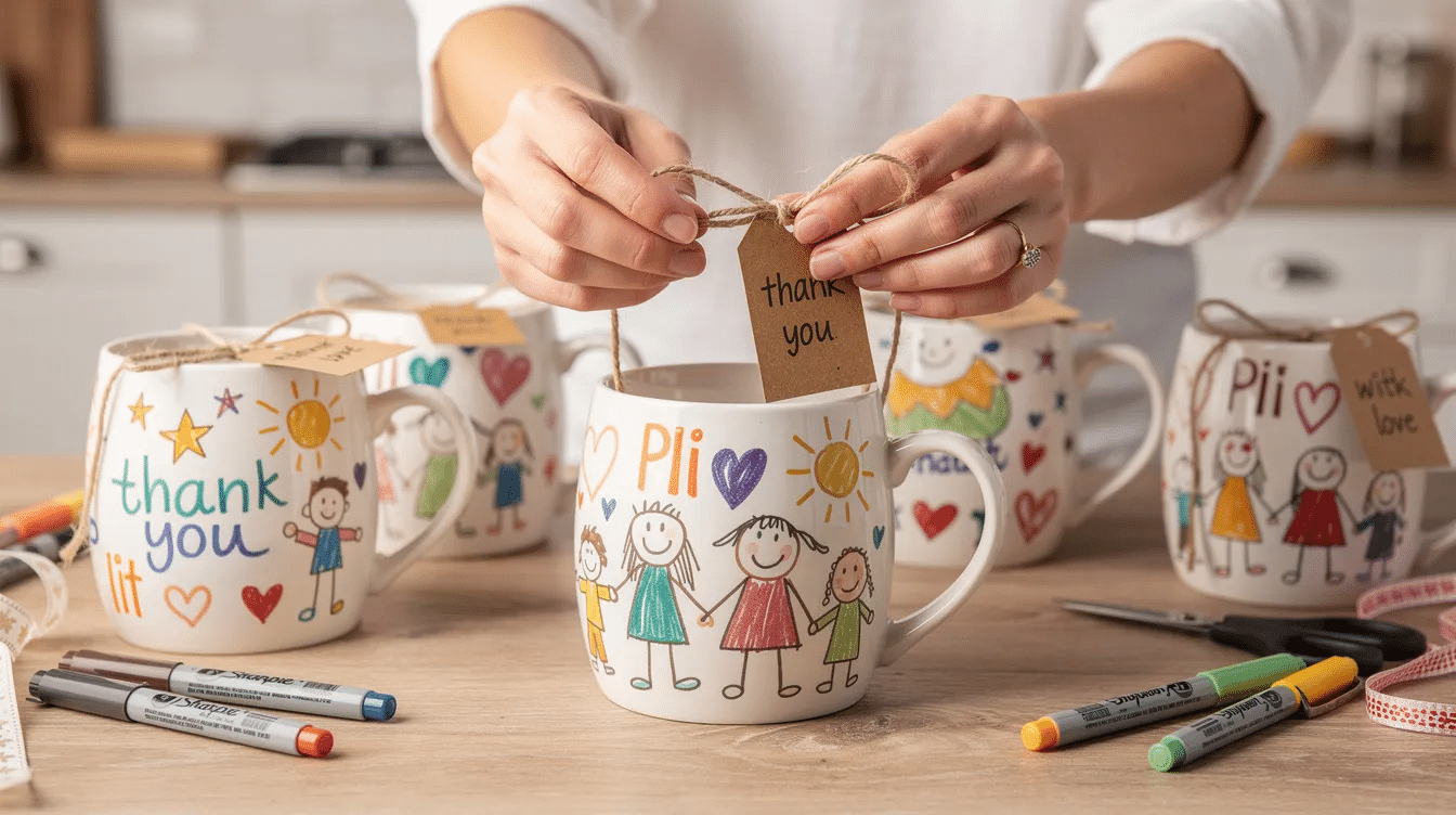6fca6ee5-6827-4140-a007-699757a20ff2 The image showcases a collection of beautifully decorated DIY sharpie mugs, featuring colorful designs created with oil-based sharpies and paint pens. These inexpensive mugs, perfect for thoughtful gifts, are displayed alongside crafting materials like letter stickers and rubbing alcohol, highlighting a fun project for kids and family members.