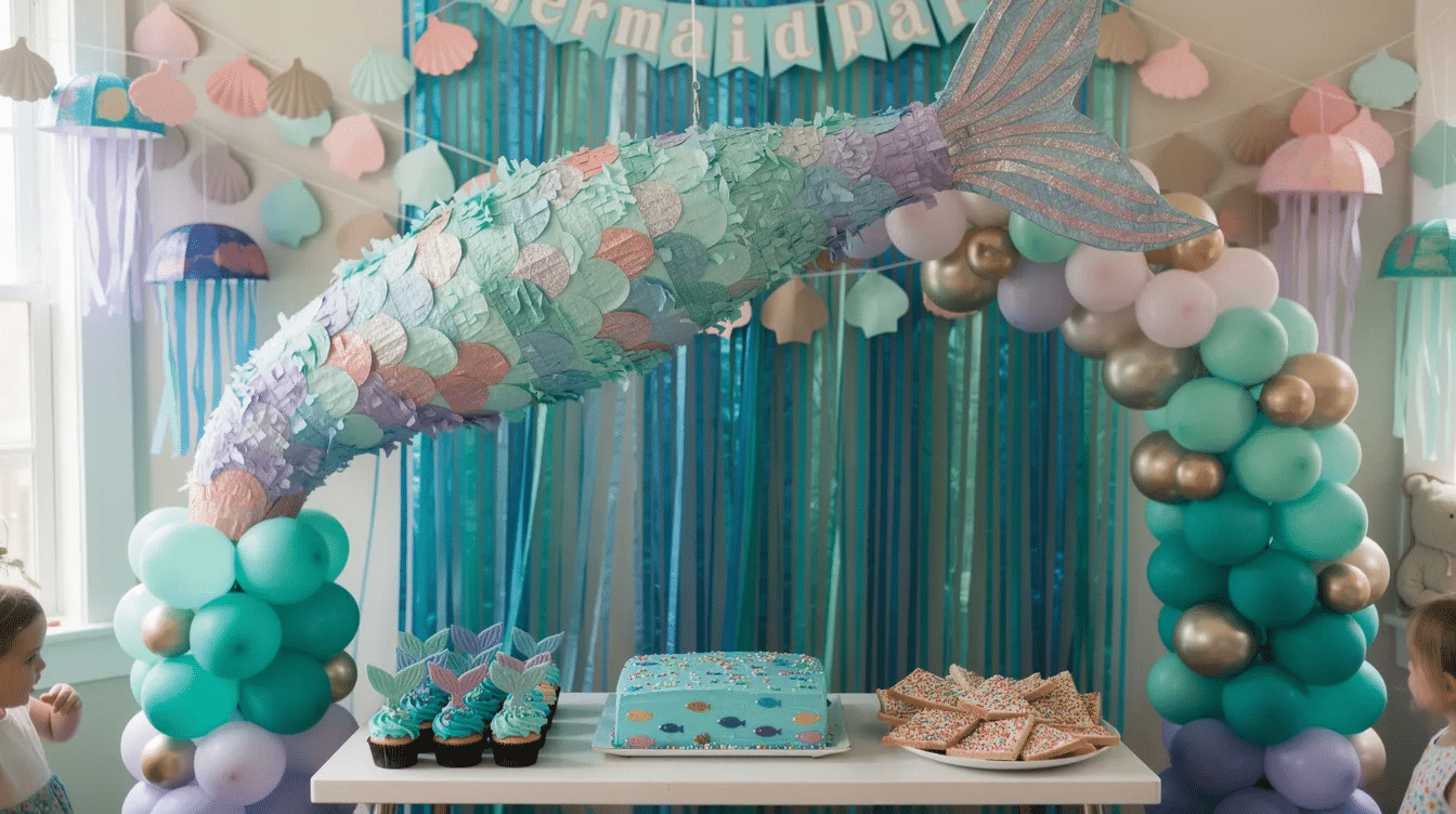 700d1e4f-725c-407a-815b-67e1f6118f64 The image features a vibrant mermaid tail piñata surrounded by colorful decorations for a themed party. Festive paper seashell garlands and jellyfish lanterns hang nearby, creating an enchanting under-the-sea atmosphere perfect for kids to enjoy.