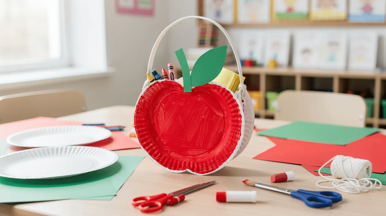 706ba722-52a5-4873-9014-7aca54c62205 The image depicts a creative back to school craft featuring adorable apple-shaped storage pouches made from folded paper plates, painted red, and adorned with green cardstock leaves and stems. These cute pouches, perfect for holding school supplies like crayons and erasers, are complemented by a string handle for easy carrying, making them a fun project for kids as they prepare for the school year.