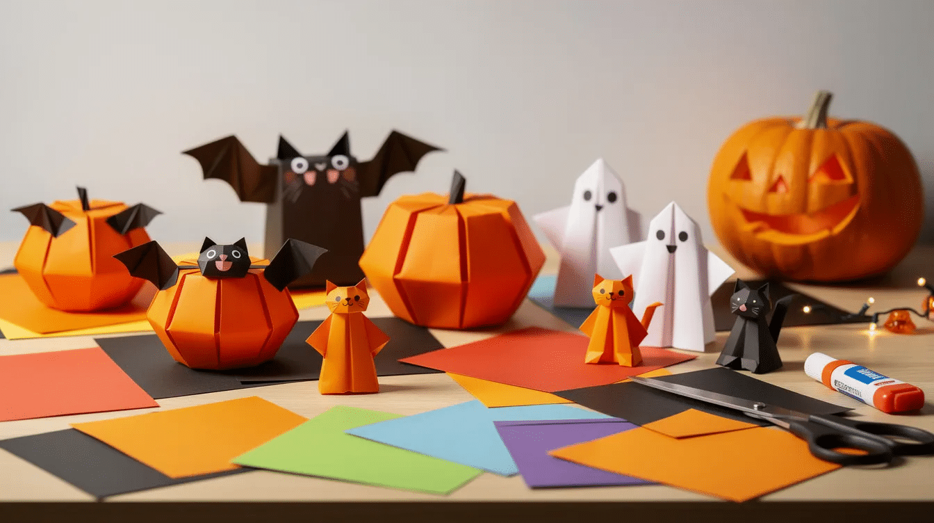 70927a43-bf7d-4051-848b-9a573f8be159 The image showcases a variety of Halloween origami crafts, including paper bats, floating ghosts, and witches hats, all made from colorful paper. These easy paper Halloween crafts are perfect for decorating homes during the spooky season and are great fun for kids and adults alike.