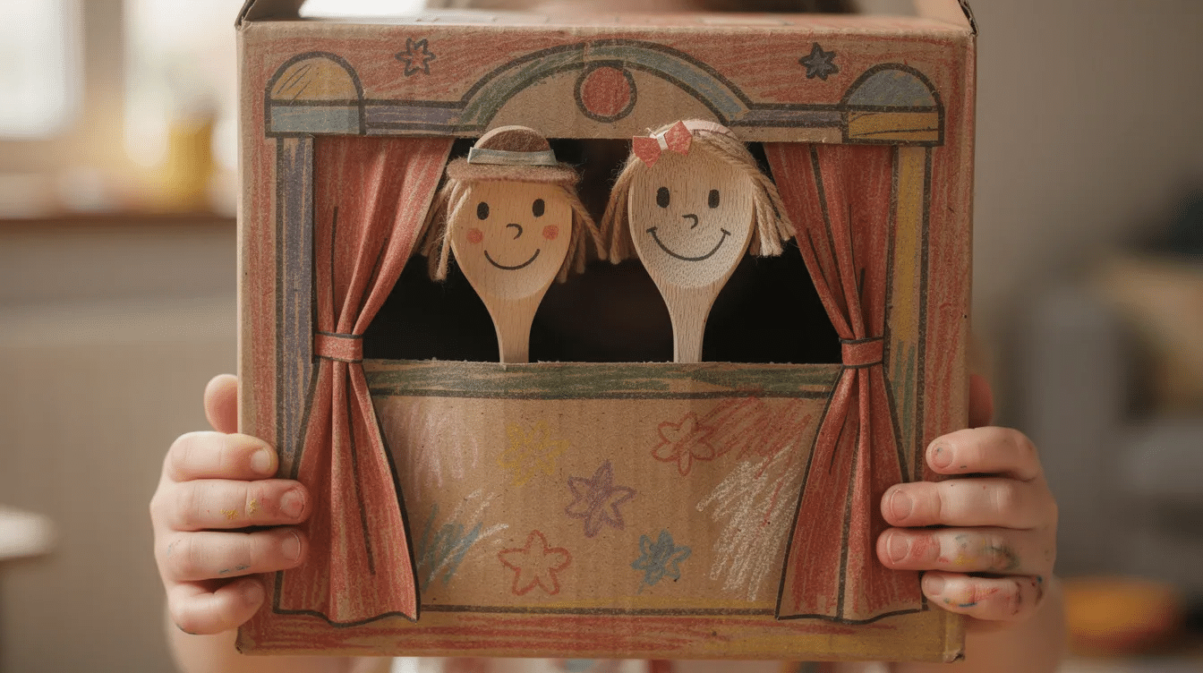 71de8da9-bcd4-4557-8044-b5333901bc5c A small cardboard box, transformed into a puppet theatre with drawn-back curtains, showcases two wooden spoon puppets peeking over the edge, held by small children's hands. The puppets, adorned with colorful character details, are part of a fun project that encourages creativity and storytelling among kids.