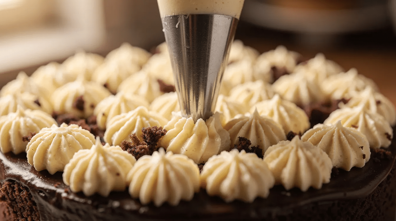 72b20d35-0265-47f5-84e2-28ced838c21c A close-up view shows a piping bag skillfully creating small star-shaped tufts of chocolate buttercream on a chocolate cake, designed to resemble the fur of a teddy bear. This adorable teddy bear cake is perfect for a child's birthday party or a baby shower, showcasing the intricate details of its cute bear face.