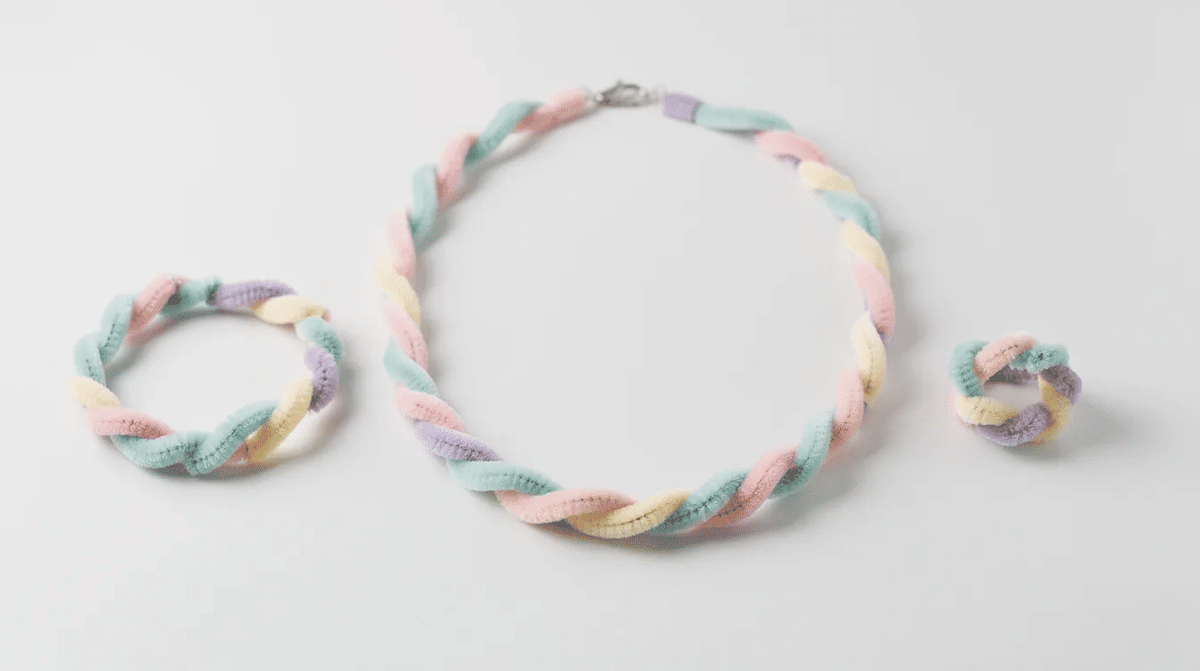 74e3ce71-abf4-405b-8171-5e3361e1a681 The image features a charming set of matching pipe cleaner jewelry, including a necklace, bracelet, and ring, all crafted in coordinating pastel colors and displayed on a white surface. This playful collection showcases the fun of crafting with pipe cleaners and beads, perfect for kids and girls who enjoy making their own unique jewelry.