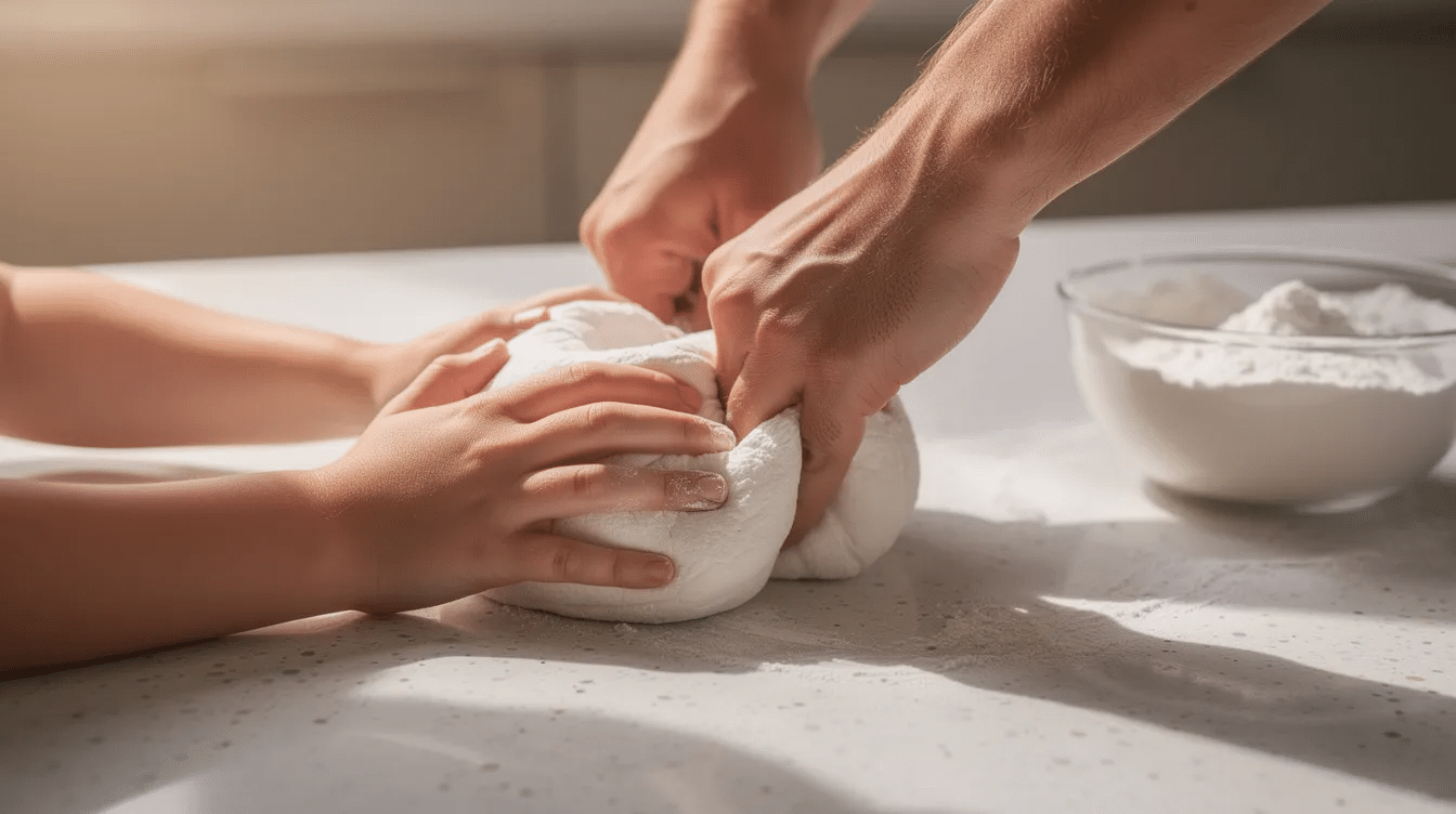 A close-up image shows the hands of an adult and a child kneading a soft ball of white cloud clay dough on a kitchen counter, with a bowl of cornstarch nearby. The scene captures the joy of creating clay pieces together, highlighting the smooth texture of the dough as they form it into shapes for a cloud mobile.