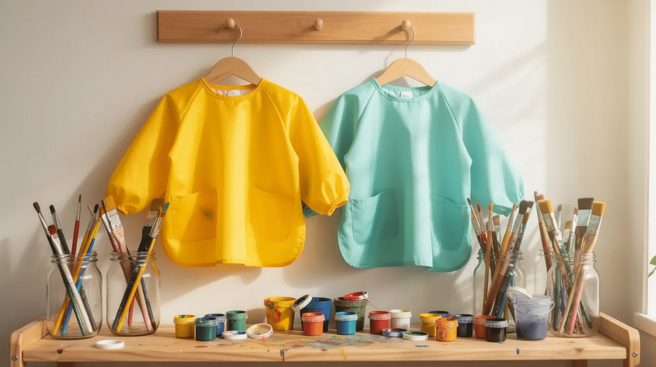 76ee1c50-8d3b-476c-a60c-aa5edbe3d273 Two colorful children's art smocks with full-length sleeves are hanging on wooden hooks beside jars filled with paintbrushes and small paint containers, showcasing their roomy fit and large front pocket, perfect for protecting clothes during creative projects.