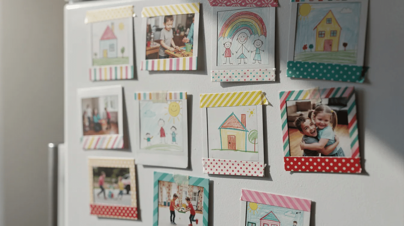 77d55467-c893-4e52-b931-abd89468f62a A collection of colorful handmade polaroid magnets is displayed on a white fridge door, showcasing children's artwork and small photos framed with vibrant washi tape. These magnets serve as a delightful way to display favorite photos and cherished memories, adding a personal touch to the magnetic surface.
