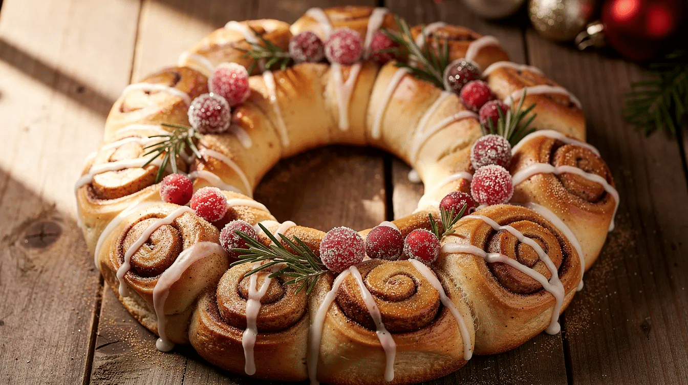 78038aaf-8702-452a-a3a0-32eb019f7eb2 A festive cinnamon roll Christmas wreath is baked to golden perfection, shaped from store-bought dough and sprinkled with cinnamon sugar for added flavor. The wreath is beautifully adorned with sugared cranberries, making it a delightful centerpiece for holiday gatherings and a super easy last minute Christmas treat.