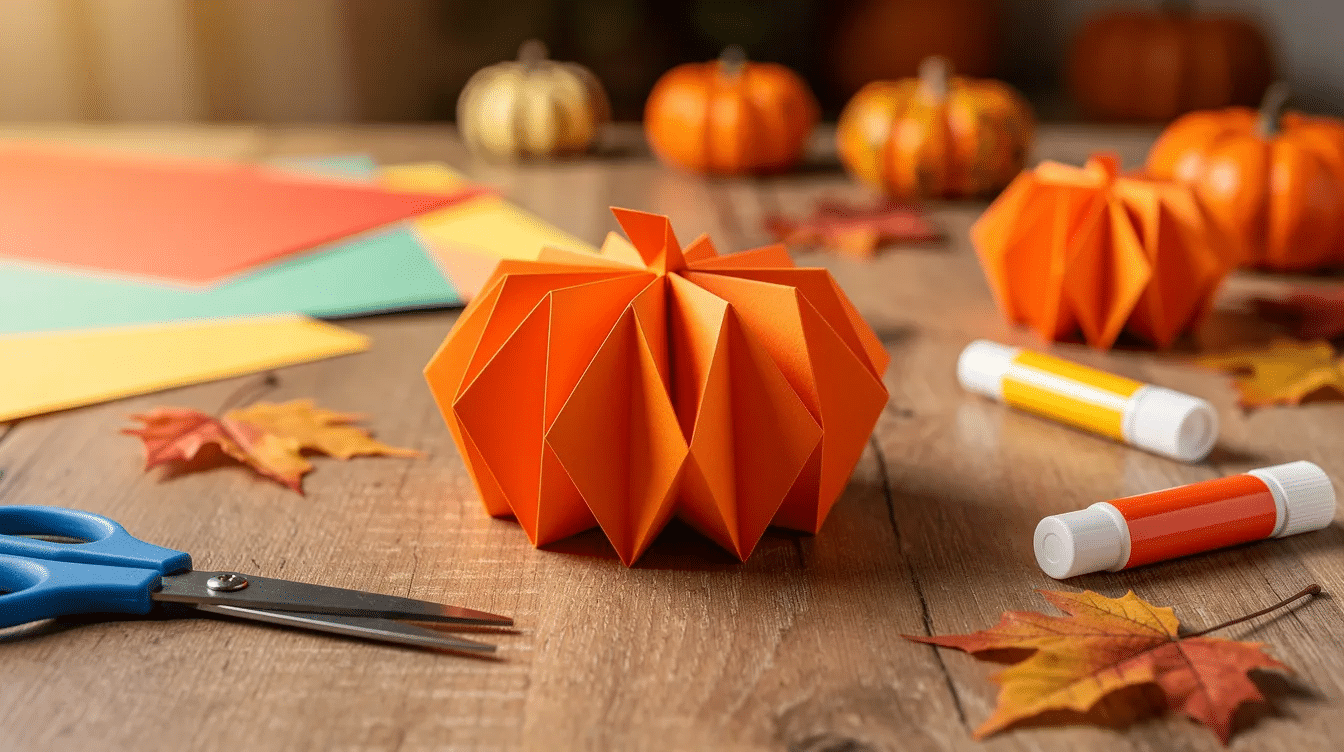 782a884c-998f-4bd9-8b35-87b824abf474 The image features an origami pumpkin, a charming and mess-free decoration perfect for Halloween and Thanksgiving. This cute origami creation showcases the beauty of fall crafts, making it an ideal project for kids and a delightful addition to autumn festivities.