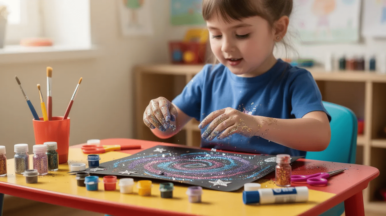 78810859-a26f-4cb1-b0ef-771fab15ae68 A young child is seated at a vibrant, colorful table, immersed in creating a sparkly galaxy craft using glitter and paint. The scene captures the joy of kids exploring their creativity as they represent the night sky and outer space with their imaginative artwork.