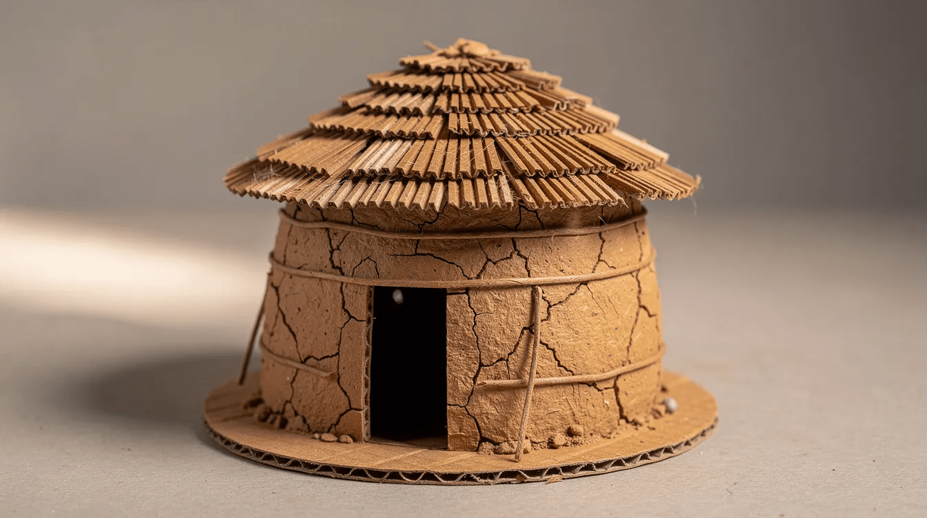 79267287-a2cd-4c69-9523-1b8ba82053b3 The image features a miniature cardboard model of an African mud hut, showcasing its round shape and mud walls, which are inspired by traditional architecture found across the African continent. The structure includes a thatched roof and a small door, reflecting the use of local materials and the creative ideas that symbolize the homesteads of various African countries.
