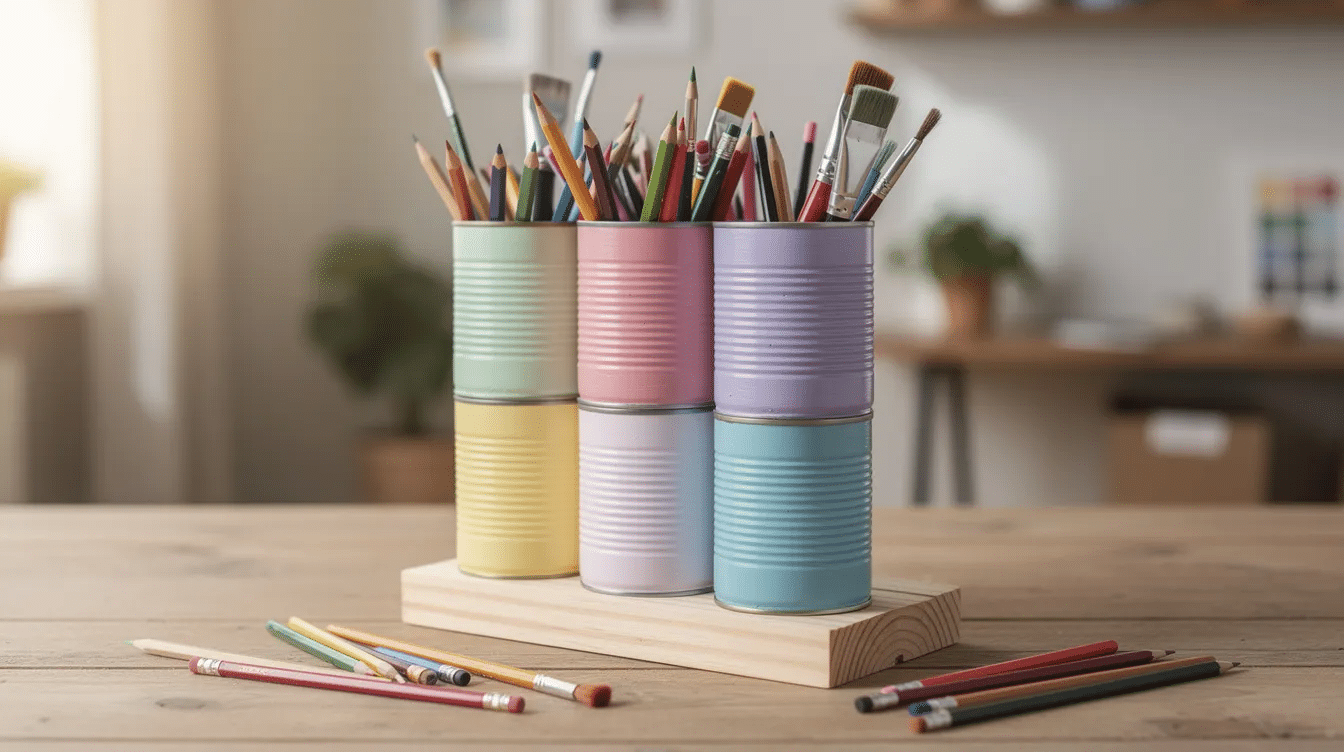 7a0f6838-6c9e-4183-bc06-d082e81c4c38 The image showcases a creative DIY desk organizer made from repurposed tin cans, stacked on a wooden base. Each can is painted in vibrant colors, serving as fun pencil holders that add style and organization to the desk while holding various supplies.