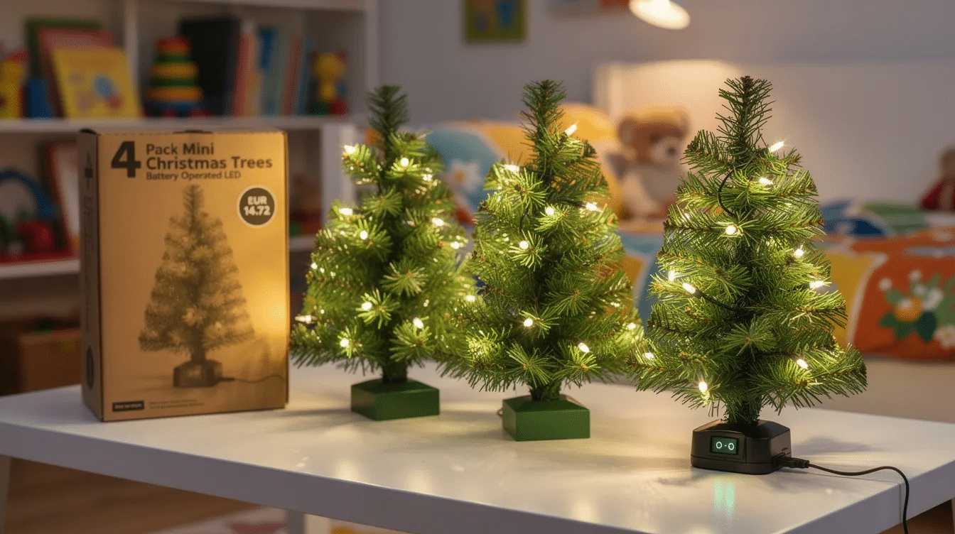 7a47c26e-19a1-47ff-b324-946a26761f67 The image features a set of four battery-operated mini Christmas trees, designed for tabletop decoration. Each tree is adorned with warm LED lights and is compactly packed in a box, making it easy to store between seasons, perfect for adding festive cheer to any home or play area.