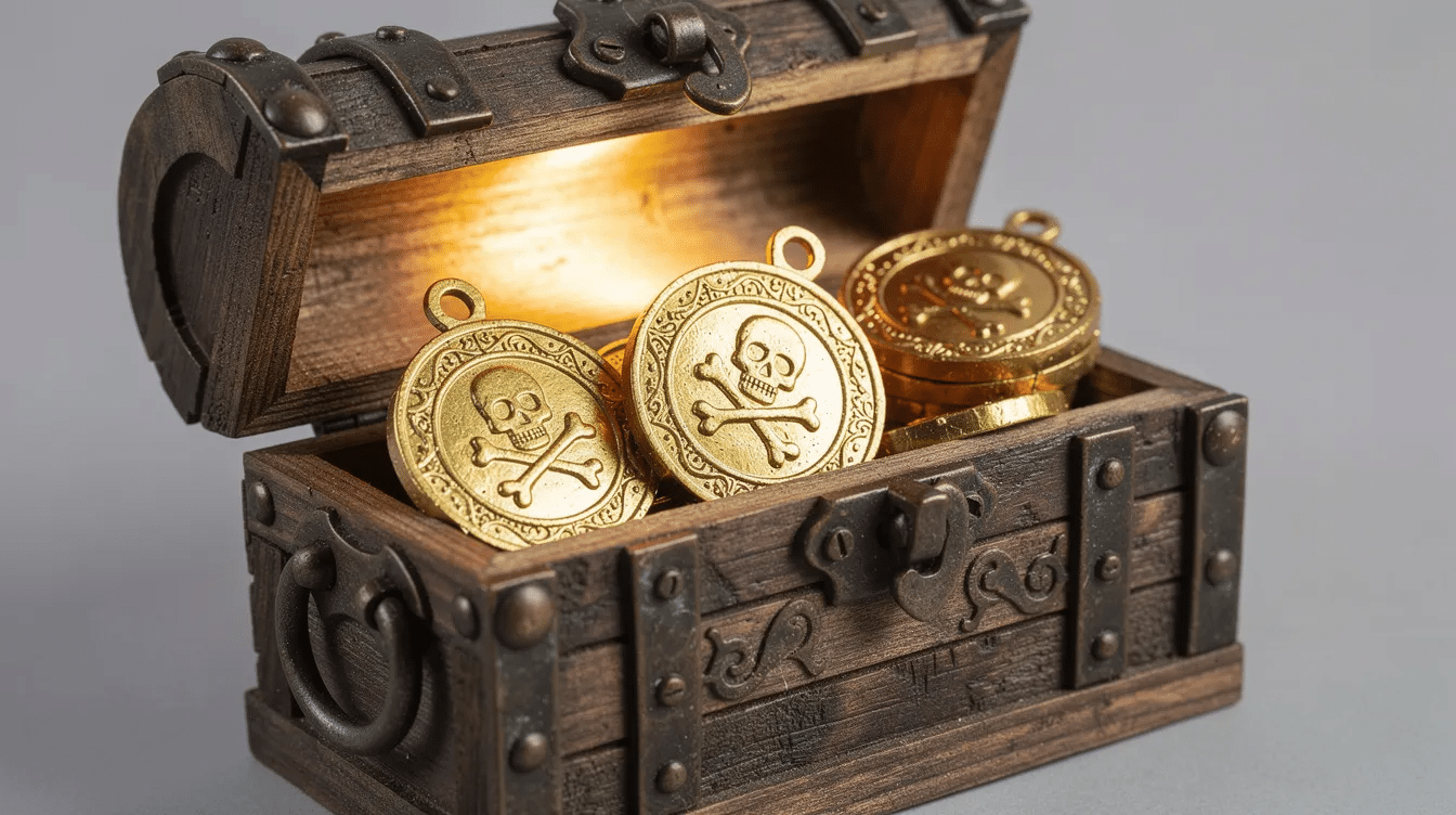 7a6d3876-1c40-456d-bcba-9c722312da90 The image features a treasure chest overflowing with pirate gold coin pendants made from air dry clay, showcasing their shiny, smooth surfaces. These unique creations are ready to be worn as jewelry or used as charms, highlighting the fun and creativity involved in crafting with clay.