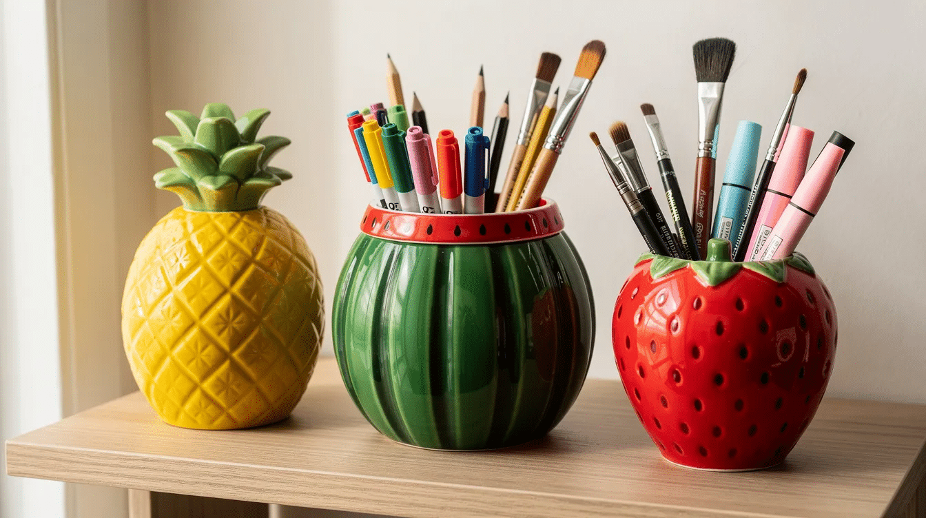 7a9ce16b-49ae-4b31-ac4c-0ac26d929a3c The image features a colorful shelf displaying a row of fruit-themed pen pots, including a vibrant pineapple, a cheerful watermelon, and a bright strawberry, each filled with various art supplies like colored pencils. This fun and playful arrangement adds a touch of creativity to any classroom or workspace.