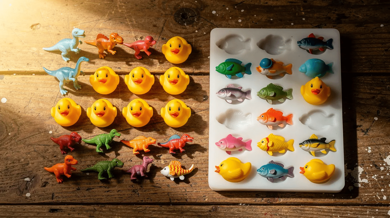 7c70520d-7561-4aab-b047-3d2833db655f A colorful arrangement of small plastic dinosaurs, rubber ducks, and toy fish is placed next to silicone soap molds on a wooden table, creating a playful scene perfect for bath time fun. The vibrant toys hint at the surprise inside the handmade soap, inviting kids to discover the joy of washing with scented glycerin soap.