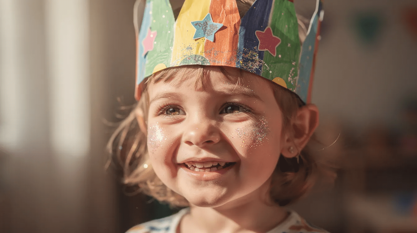 7c9bb439-1e7c-4f3f-9492-877ea77d9791 A smiling young child is wearing a colorful handmade paper crown adorned with stickers and glitter, embodying the fun and creativity of back to school crafts. This cheerful scene captures the excitement and joy of preparing for the school year ahead.