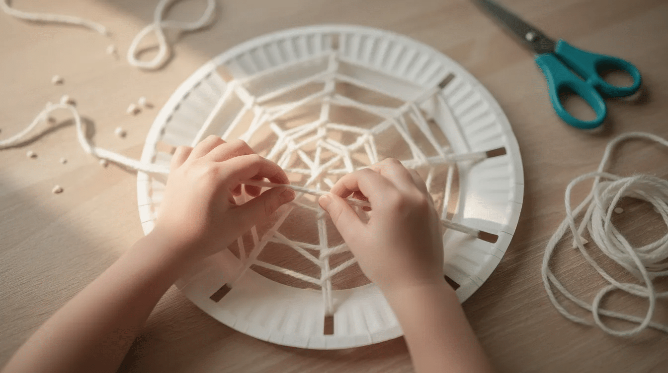 7d59c12d-371b-436a-8434-fd5d7c0ea228 A child's hands skillfully weave white yarn across a paper plate ring, creating a spider web pattern for a fun Halloween craft. This engaging project helps develop fine motor skills while adding a touch of spooky season decor to the home.