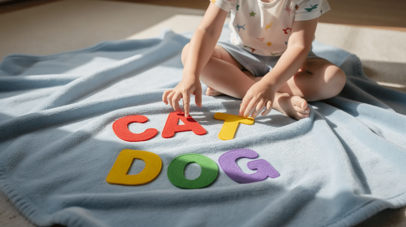 7e123889-9cbf-4538-914d-78795dd0a0e4 A young child is joyfully arranging colorful felt letters on a soft light blue fleece blanket on the floor, creating a playful felt alphabet display. The vibrant lowercase letters are scattered around, showcasing a fun and engaging craft project that encourages learning and creativity.