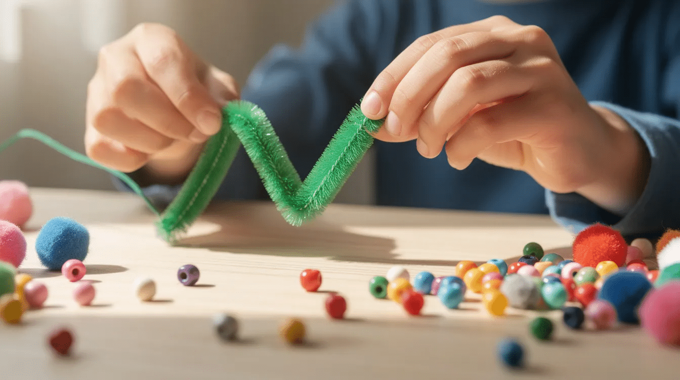 800de1fc-0e62-409e-8629-81738b437c1b A child's hands are skillfully bending a bright green pipe cleaner into a zigzag shape on a wooden table, which is scattered with colorful beads and small pom poms, showcasing a fun crafting session for the holiday season. This scene captures the creativity of kids as they create decorations for their mini Christmas tree or other festive projects.