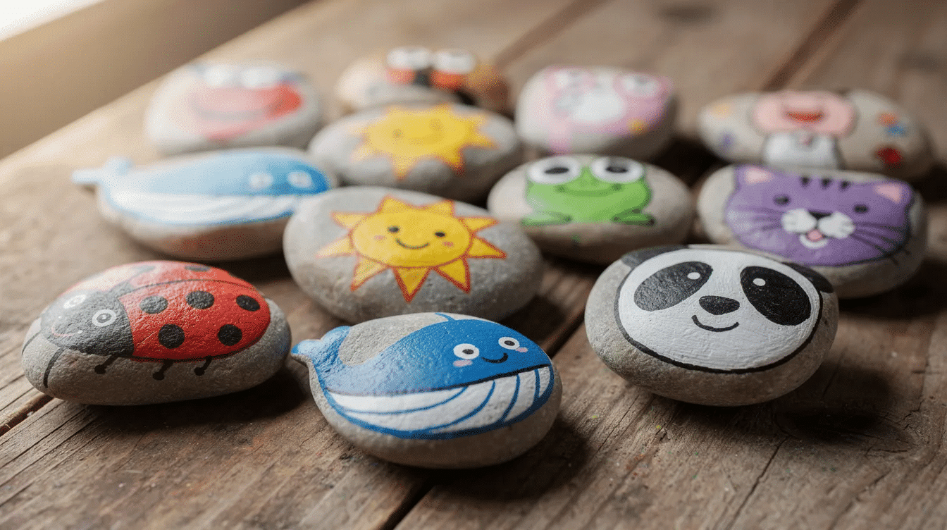 806c7500-d964-468c-bd5c-a1f28b5f9a3b A wooden table is adorned with an assortment of colorful painted stones, each featuring simple designs of animals and characters, perfect for creating your own story stones. These flat stones provide a fun and imaginative way for younger children to engage in storytelling and mark making.