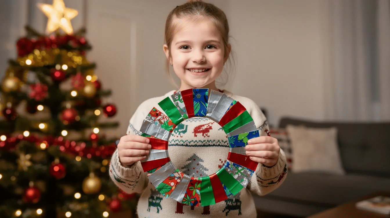 80ba2cb5-d6ad-48fe-a1c3-42b2bddf0e9a A smiling child proudly holds up a colorful duct tape wreath in front of a beautifully decorated Christmas tree, showcasing the fun and creativity of a DIY project. The wreath features vibrant patterns and layers, making it a cheerful addition to the holiday decorations.