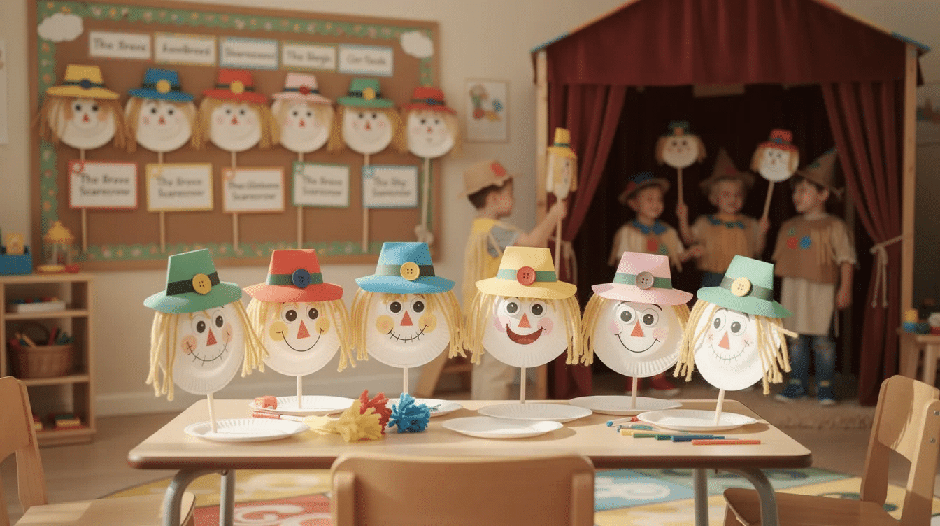 8125d712-abca-4b2d-809f-c6a16e1c9e0f The image features colorful paper plate scarecrows, crafted from various construction paper and adorned with playful facial features and outfits, showcasing a fun fall craft activity for kids. This engaging project encourages storytelling and dramatic play, making it an excellent choice for autumn-inspired crafts that help develop fine motor skills.