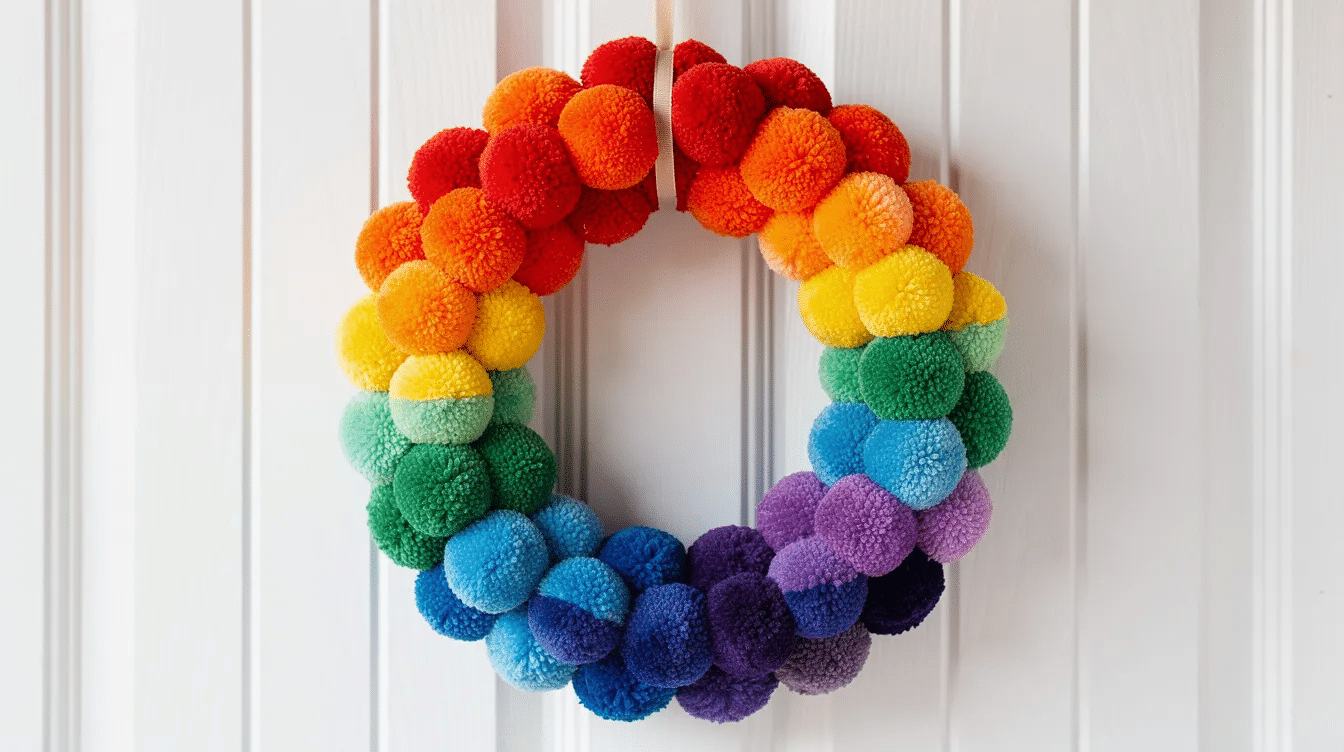 8188ce1f-220c-4bf9-8c05-1fed6b77cb2e A vibrant pom pom wreath made of soft yarn balls in a rainbow of colors is beautifully displayed on a white wooden door, adding a cheerful touch to the entrance. The wreath features a mix of larger and smaller pom poms, creating a fun and festive look perfect for the holidays.
