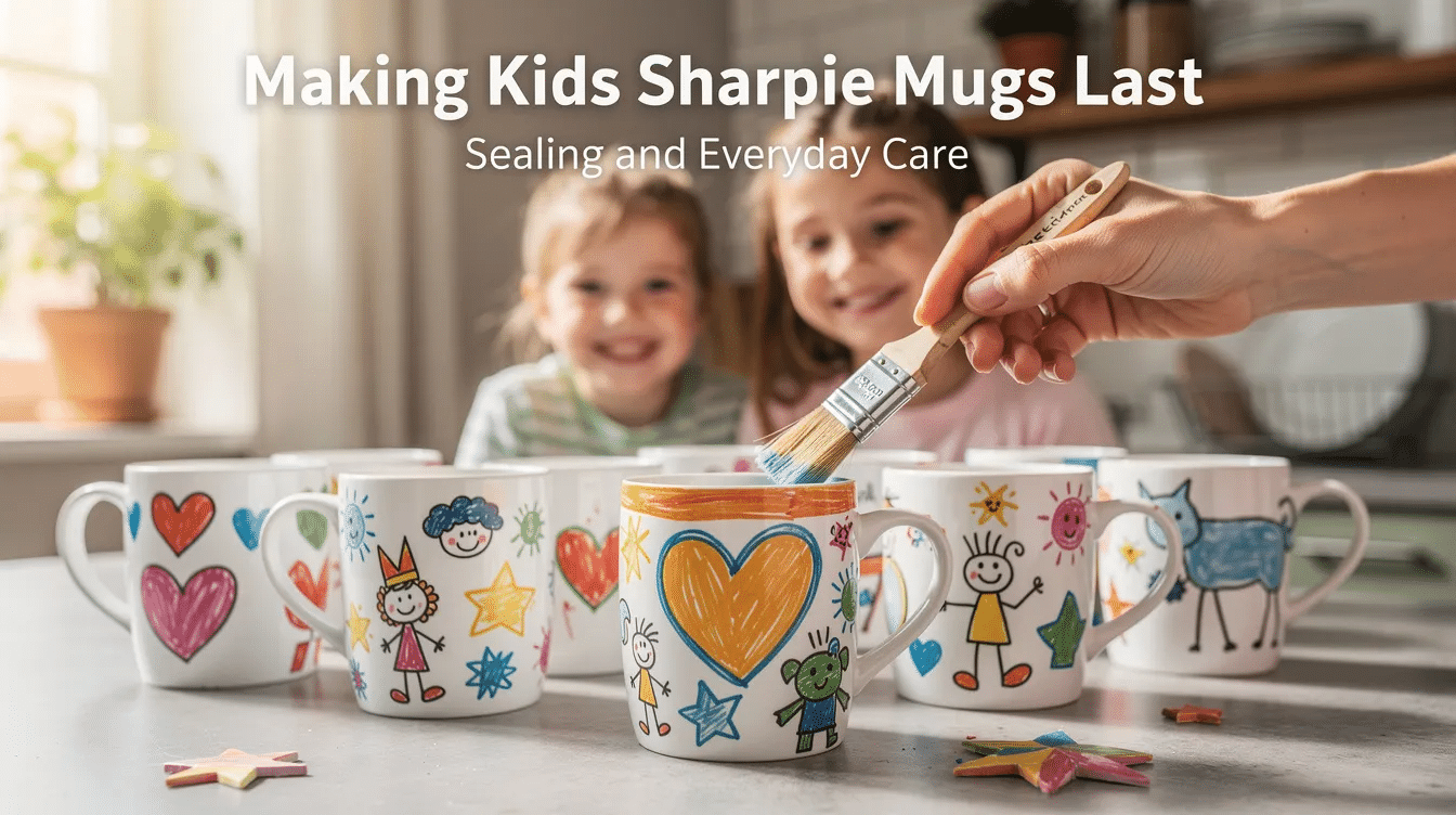 8214d8dd-0478-489a-a0c6-f36bdaca2664 The image shows a collection of beautifully decorated DIY Sharpie mugs, featuring colorful designs made with oil-based Sharpies and paint pens. These inexpensive ceramic mugs are arranged on a table, showcasing various fun projects that can be great gifts for family members, with some mugs displaying kind words and playful patterns.