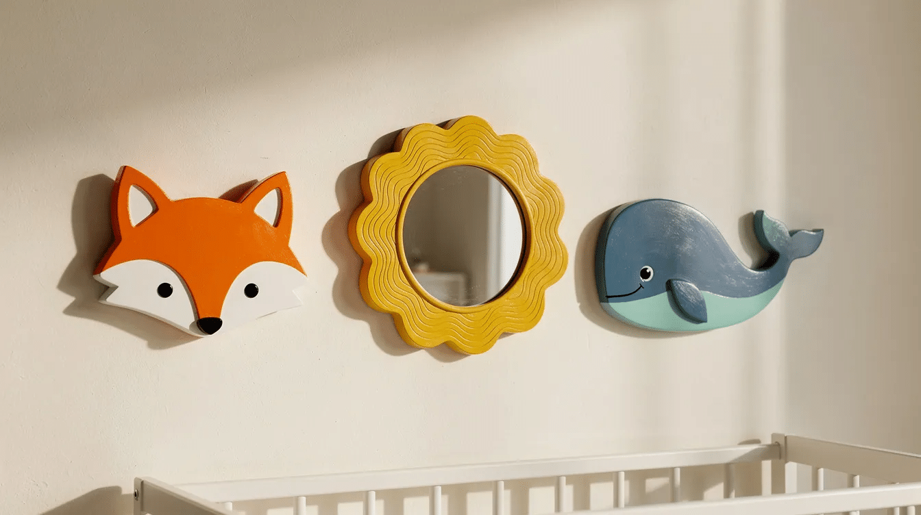 82c9166d-df7a-4e6e-a254-79318e09f794 A collection of three colorful handmade animal-themed mirrors, featuring a fox, lion, and whale, hangs on a light-colored nursery wall, adding a playful touch to the space. These beautiful animal mirrors are perfect for kids' rooms, showcasing creativity and charm.