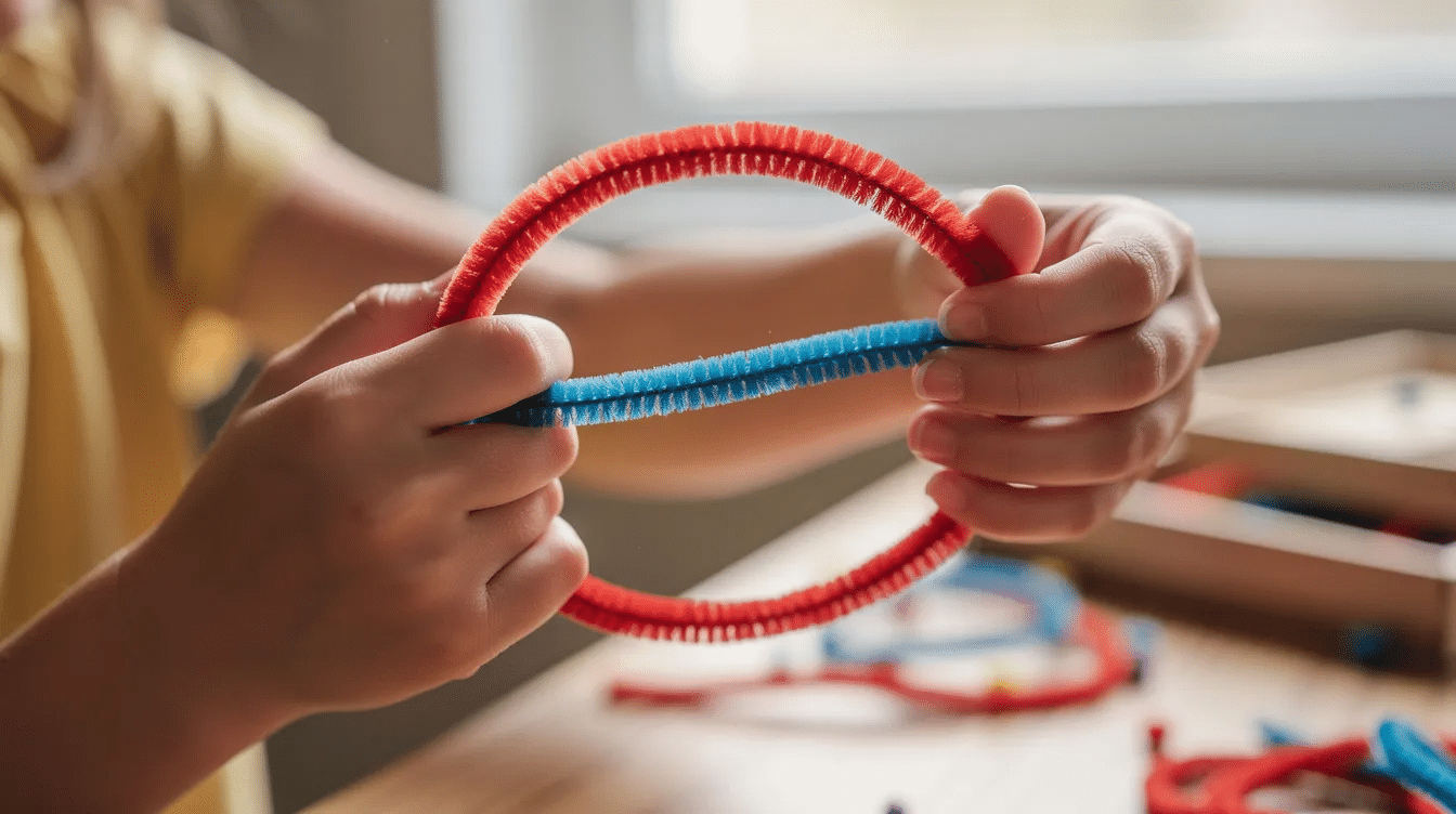 83179ebe-3eae-4f59-8c34-290d56748d1e A close-up view shows small hands skillfully twisting together two colorful pipe cleaners to create a circular hoop shape for a dreamcatcher. The vibrant chenille stems are intertwined, with an emphasis on the process of joining and shaping, highlighting the creativity and focus involved in this step of crafting.
